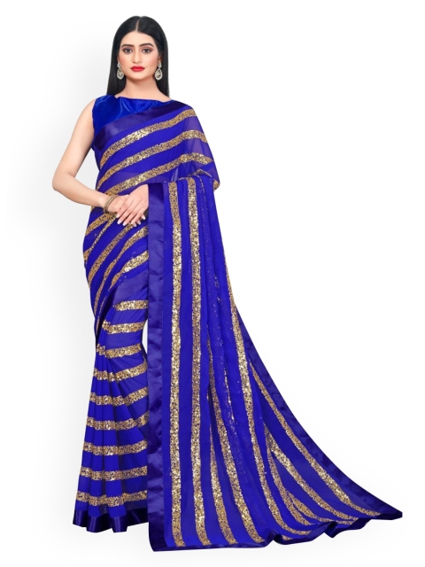

CLOMITA Women Blue Embellished Sequinned Pure Georgette Saree