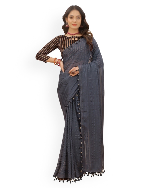 

CLOMITA Women Grey & Black Striped Lace Saree