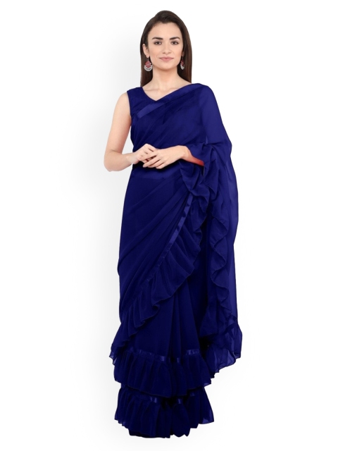 

CLOMITA Women Blue Solid Poly Georgette Ruffles Saree