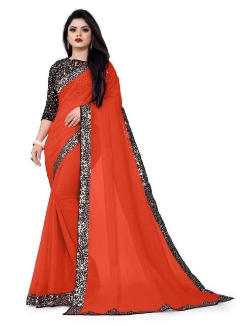

CLOMITA Women Orange Solid Sequinned Poly Georgette Saree