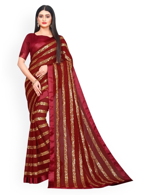 

CLOMITA Women Maroon Embellished Striped Poly Georgette Saree