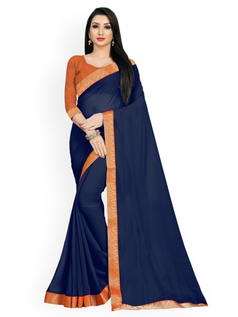 

CLOMITA Women Navy Blue & Orange Sold Poly Georgette Saree