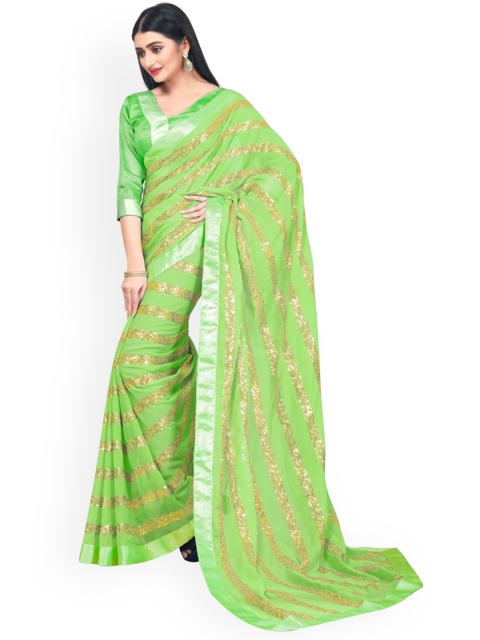

CLOMITA Women Green & Gold Striped Sequinned Poly Georgette Saree