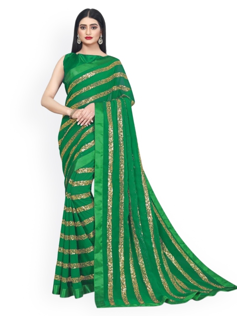

CLOMITA Women Green & Gold Embellished Sequinned Pure Georgette Saree