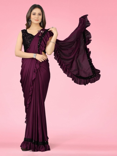 

CLOMITA Women Purple Solid Embellished Ruffles Lycra Saree