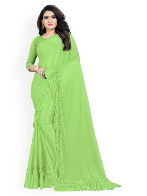 

CLOMITA Women Green Solid Mirror Work Ruffles Lycra Saree