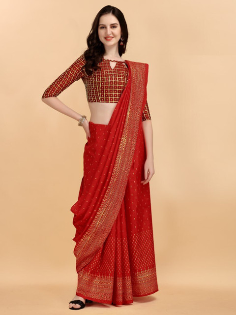 

CLOMITA Red Ethnic Motifs Printed Art Silk Saree