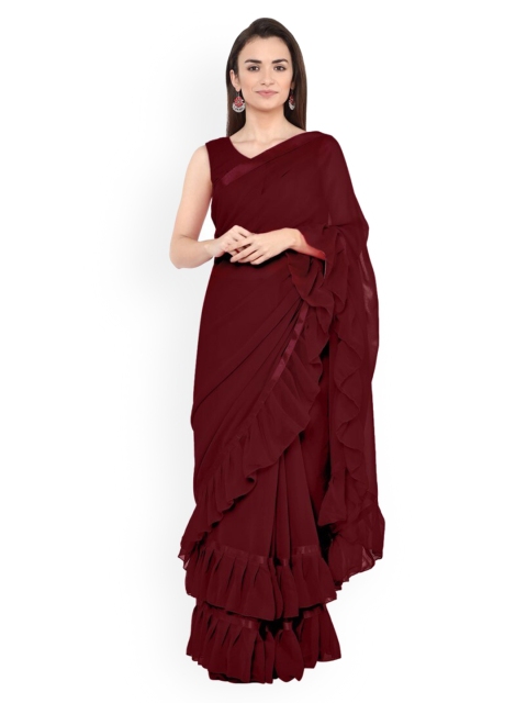 

CLOMITA Coffee Brown Ruffles Georgette Saree
