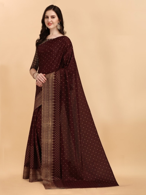 

CLOMITA Coffee Brown & Gold-Toned Ethnic Motifs Printed Art Silk Saree