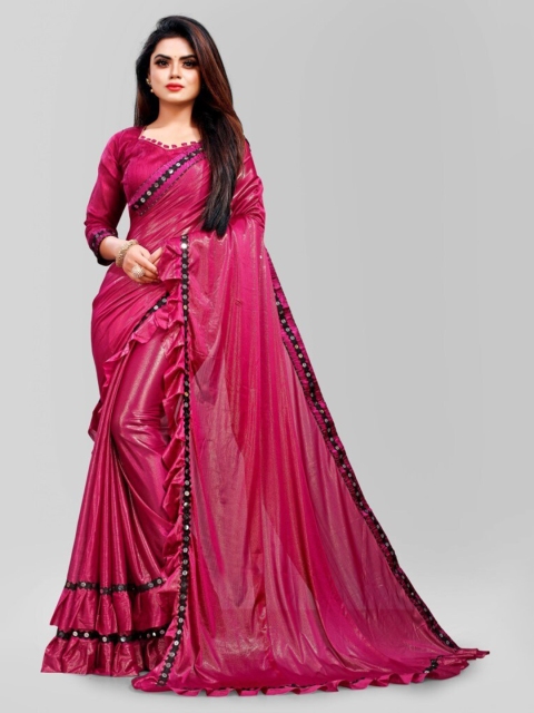 

CLOMITA Maroon & Black Mirror Work Ruffles Saree
