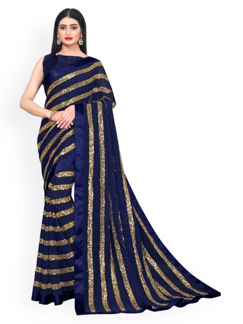 

CLOMITA Blue & Gold-Toned Striped Sequinned Saree