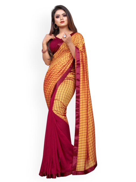 

CLOMITA Maroon & Yellow Checked Art Silk Half and Half Saree