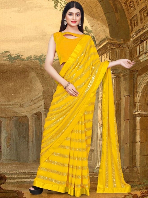 

CLOMITA Yellow & Gold-Toned Striped Sequinned Saree