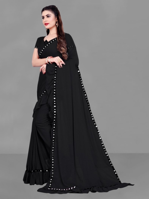 

CLOMITA Black Mirror Work Ruffles Saree