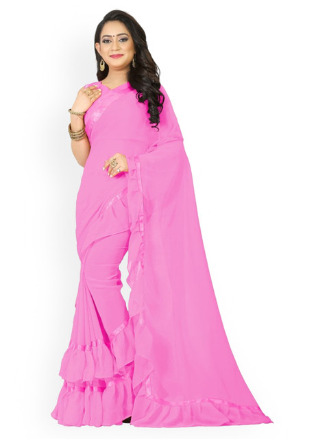 

CLOMITA Pink Pure Georgette Ruffles Saree