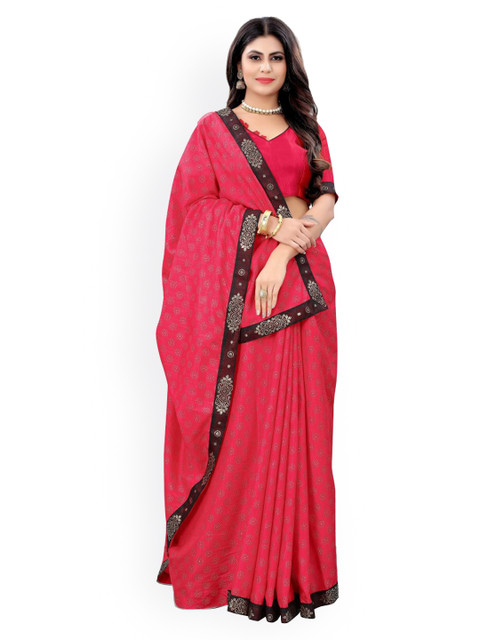 

CLOMITA Women Pink & Gold-Toned Ethnic Motifs Sequinned Art Silk Saree