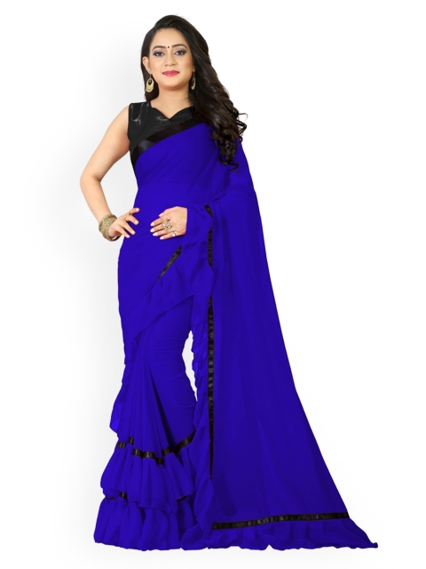 

CLOMITA Blue & Black Solid Ruffle Saree