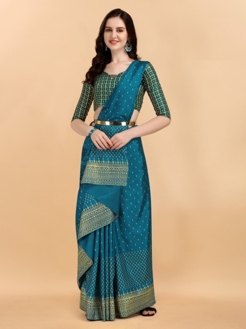 

CLOMITA Teal & Gold-Toned Ethnic Motifs Art Silk Saree