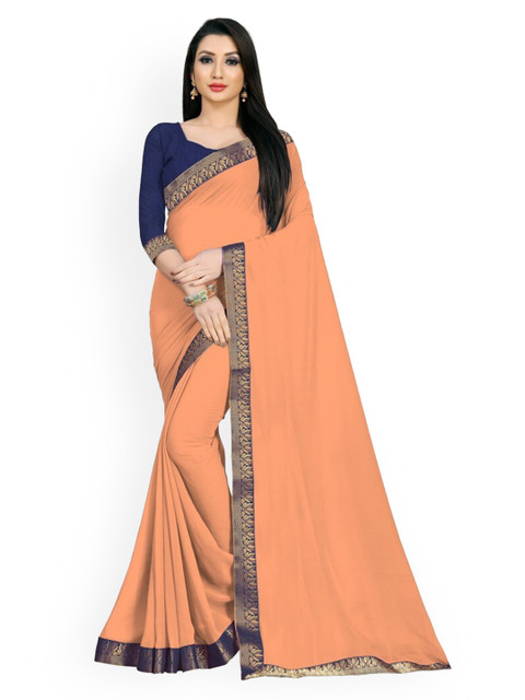 

CLOMITA Peach-Coloured & Navy Blue Solid Saree