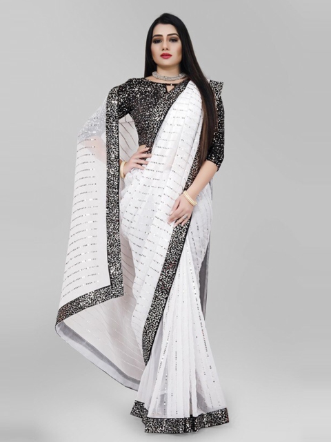 

CLOMITA White & Black Embellished Sequinned Pure Georgette Saree