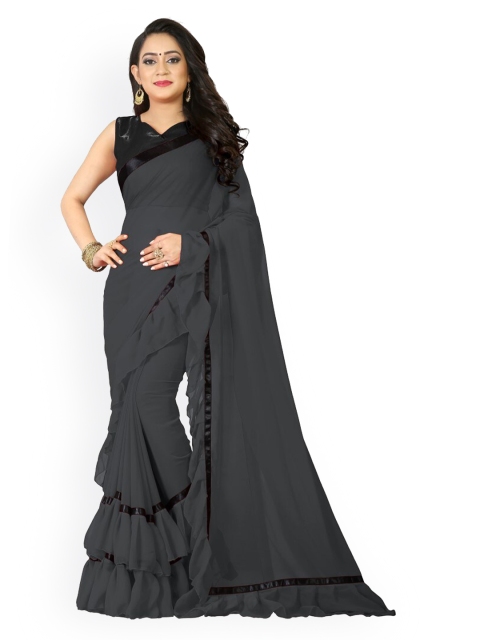 

Clomita Women Grey & Black Solid Ruffles Georgette Saree