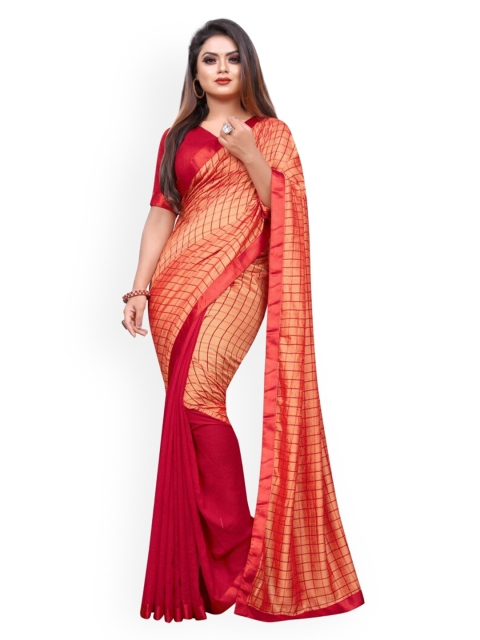 

Clomita Women Red & Orange Checked Art Silk Saree