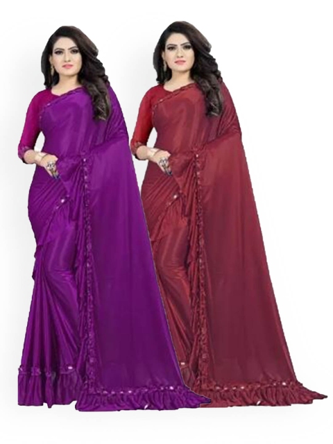 

CLOMITA Maroon & Purple Set Of 2 Ruffled Mirror Work Saree