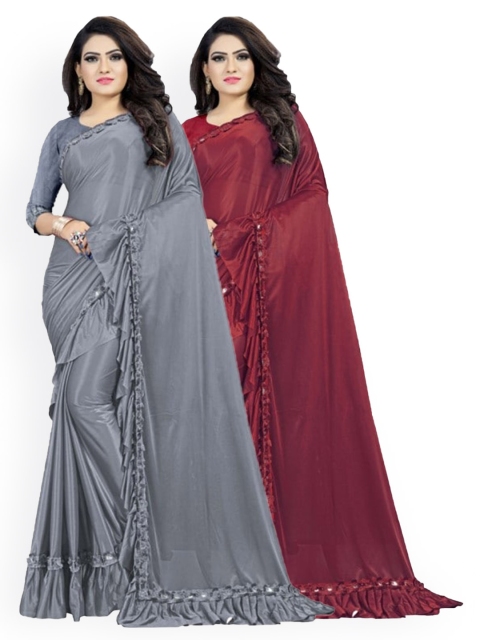 

Clomita Women Pack Of 2 Grey & Maroon Solid Ruffles Sarees
