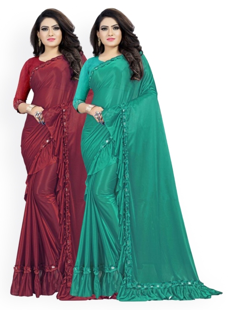 

CLOMITA Green & Maroon Pack of 2 Mirror Work Border Ruffle Saree