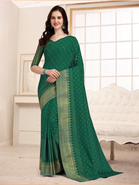 

CLOMITA Green & Gold-Toned Ethnic Motifs Art Silk Saree
