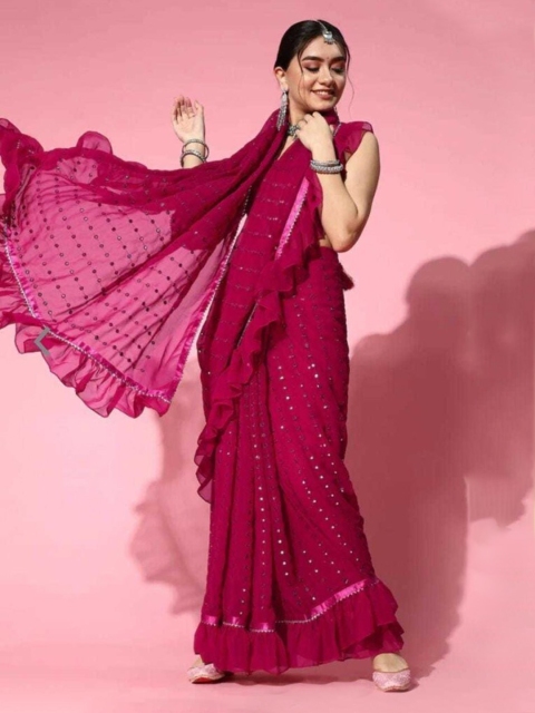 

CLOMITA Pink Embellished Fusion Saree