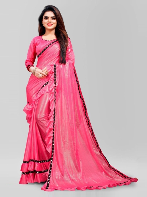 

CLOMITA Pink & Black Mirror Work Saree