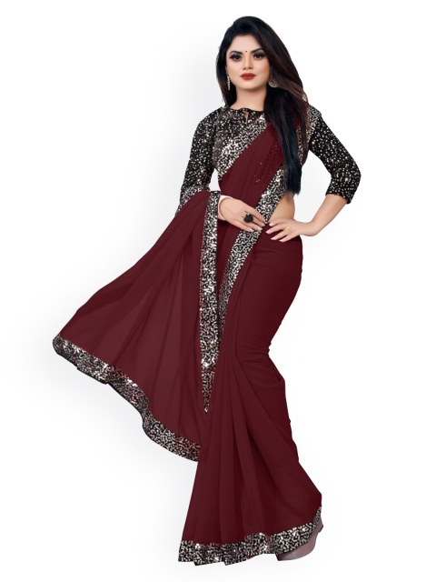 

CLOMITA Maroon & Silver-Toned Sequinned Saree