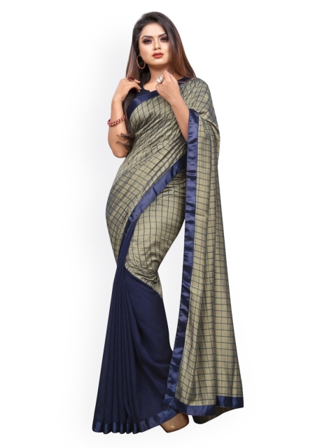 

CLOMITA Navy Blue & Green Checked Art Silk Saree