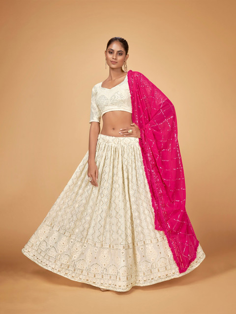 

Cloth's Villa White & Gold-Toned Sequinned Semi-Stitched Lehenga & Unstitched Blouse
