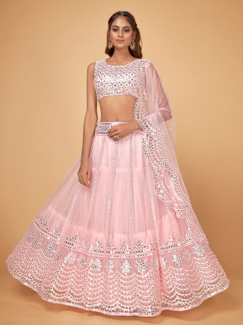 

Cloth's Villa Pink & Silver-Toned Embellished Semi-Stitched Lehenga & Unstitched Blouse With Dupatta