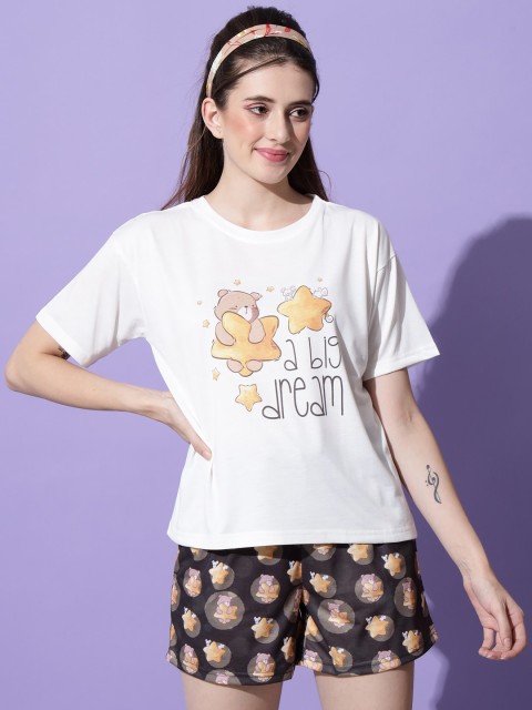 

FFLIRTYGO Women White T-shirt & Black Printed Short Night suit