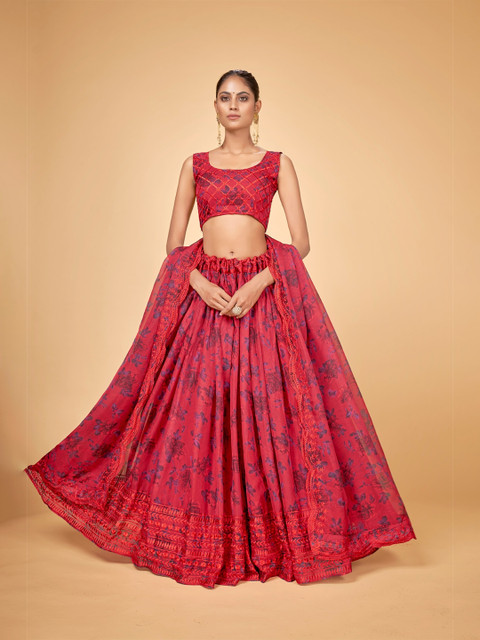

Cloth's Villa Red & Purple Printed Thread Work Semi-Stitched Lehenga & Unstitched Blouse With Dupatta