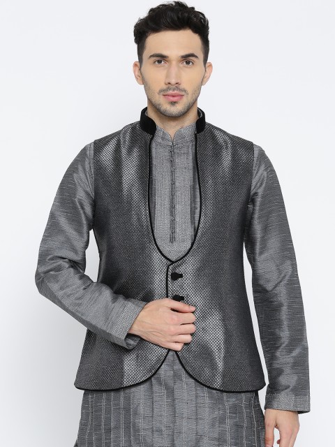 

Manu Charcoal Grey Self-Checked Nehru Jacket