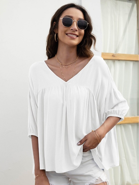 

La Aimee Women White Extended Sleeves V-Neck Boxy Top