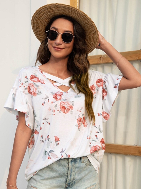 

La Aimee Women White Floral Print V-Neck Flared Sleeves Top