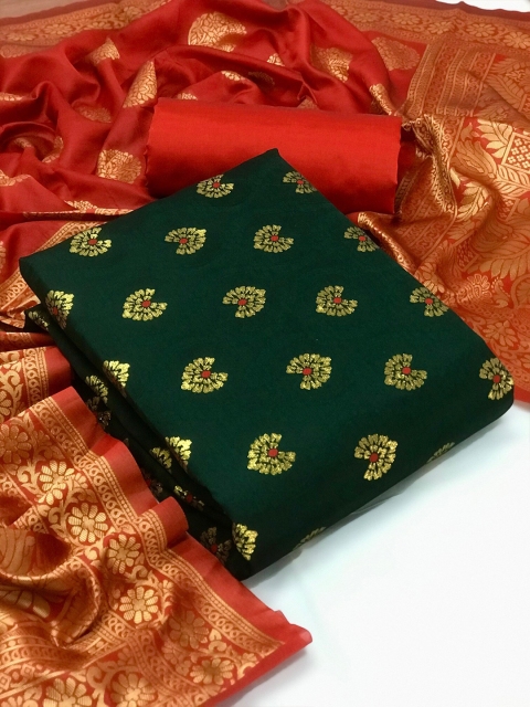 

MORLY Green & Red Dupion Silk Unstitched Dress Material