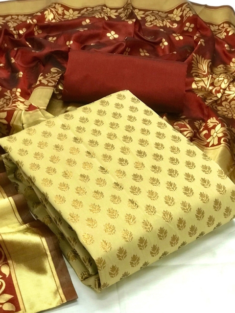 

MORLY Beige & Maroon Dupion Silk Unstitched Dress Material