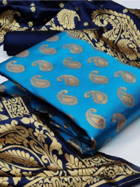 

MORLY Turquoise Blue & Gold-Toned Dupion Silk Unstitched Dress Material