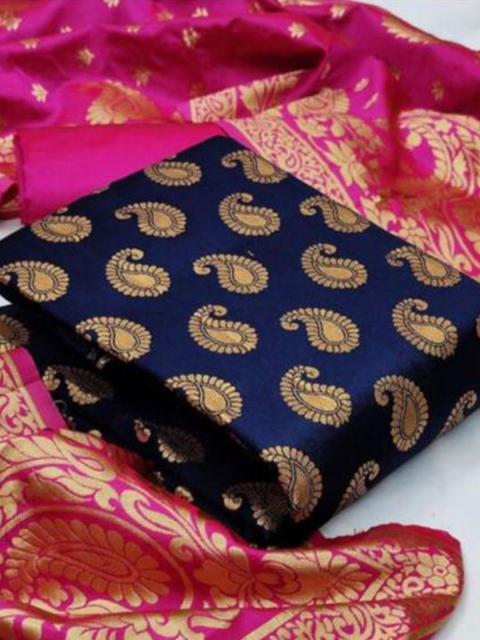 

MORLY Women Navy Blue & Gold-Toned Dupion Silk Unstitched Dress Material