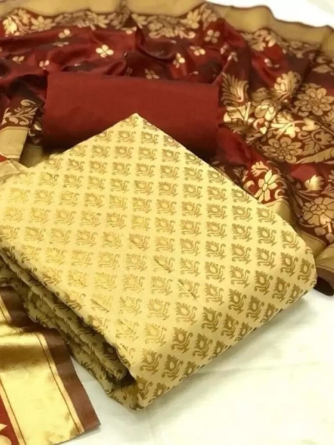 

MORLY Beige & Maroon Dupion Silk Unstitched Dress Material