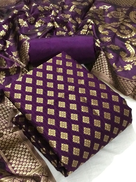

MORLY Purple & Gold-Toned Dupion Silk Unstitched Dress Material