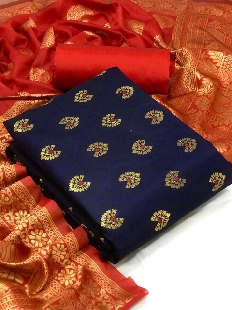 

MORLY Navy Blue & Red Dupion Silk Unstitched Dress Material