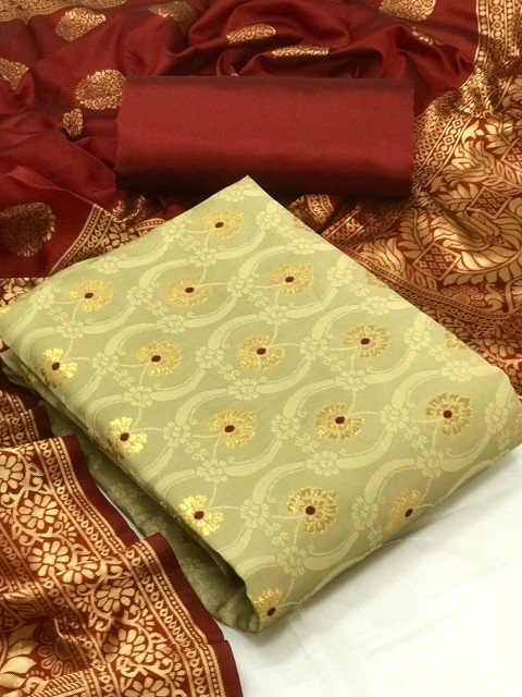 

MORLY Beige & Maroon Dupion Silk Unstitched Dress Material