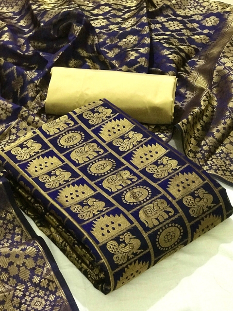 

MORLY Navy Blue & Gold-Toned Dupion Silk Unstitched Dress Material